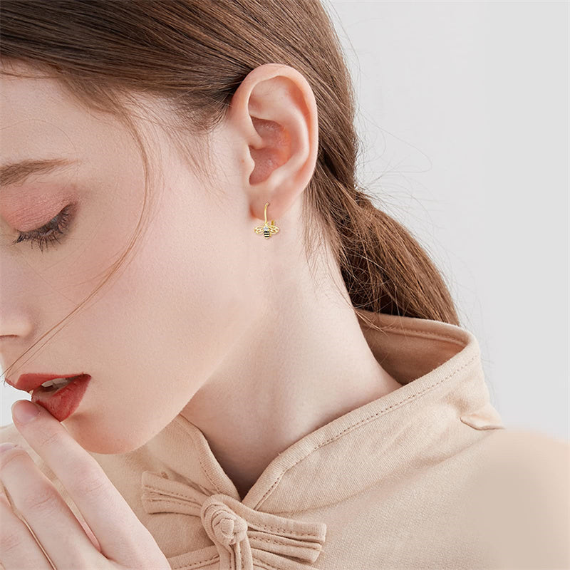 14K Yellow Gold Honey Bee Leverback Earrings