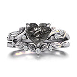 Sterling Silver 10K 14K 18K Gold Personalized Engraved Natural Heart Black Rutilated Quartz Engagement Ring Set