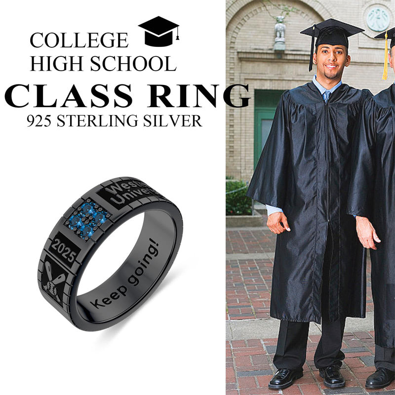 Sterling Silver Personalized Birthstone Engraved Pattern Class Band Ring For Men