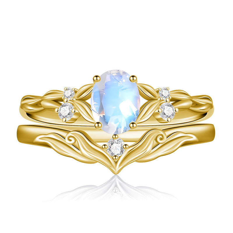 Sterling Silver 10K 14K 18K Gold  Oval Cut Unique Vine Gemstone Wedding Ring Set