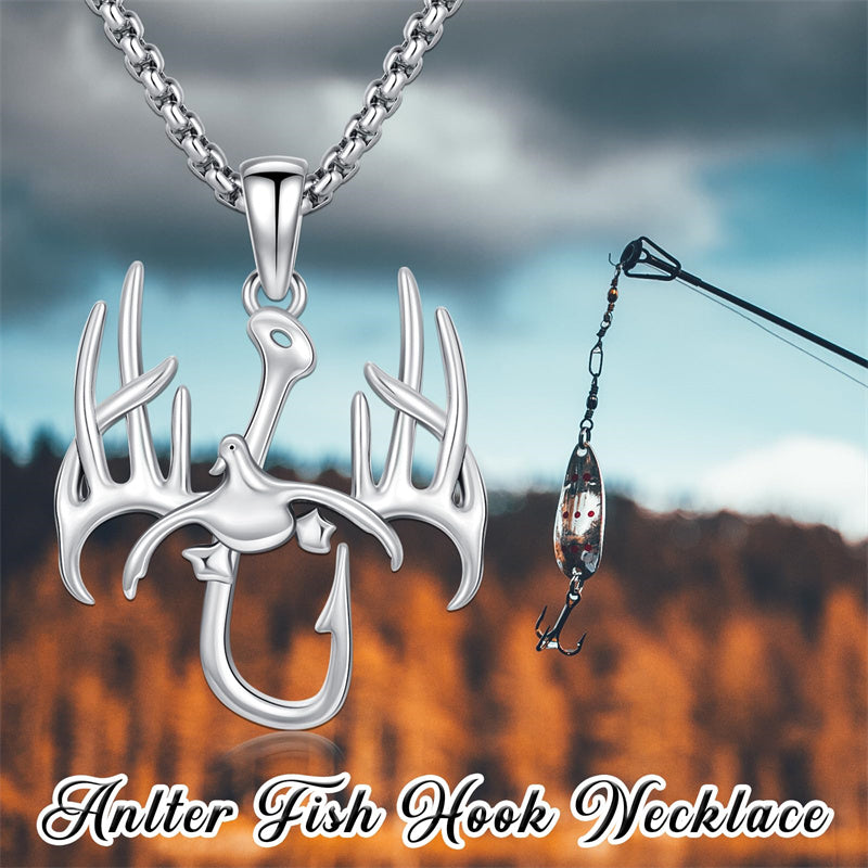 Sterling Silver Fish Hook& Antler Duck Pendant Necklace for Men