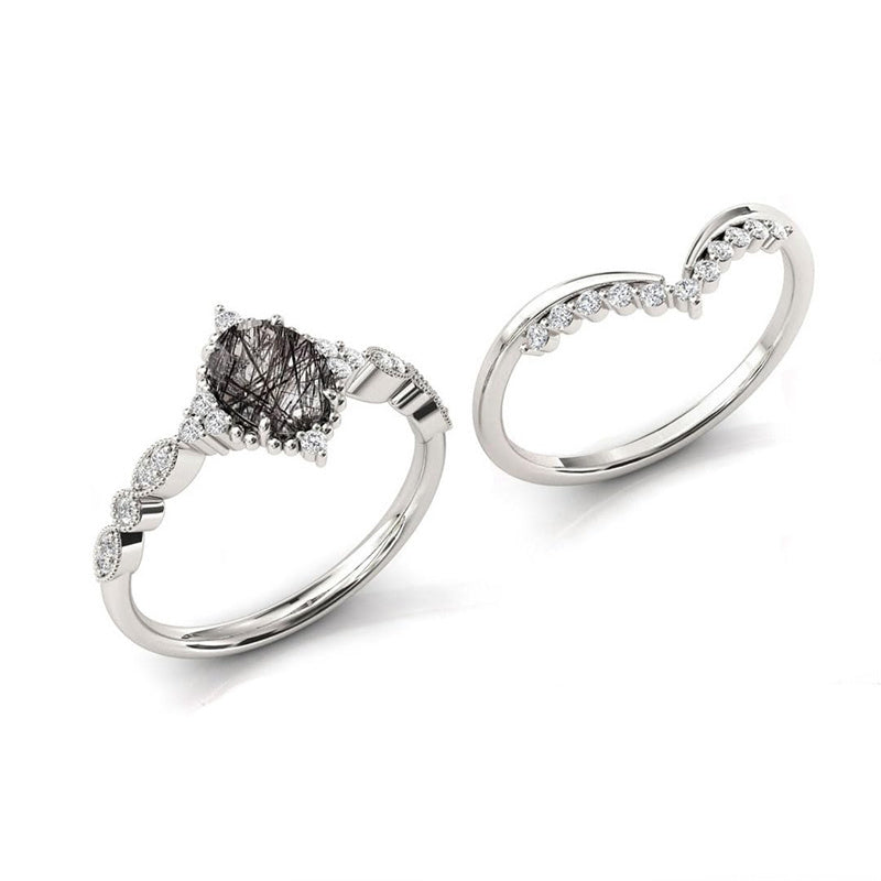 Sterling Silver 10K 14K 18K Personalized Engraved 2CT Natural Black Rutilated Quartz Engagement Ring Set