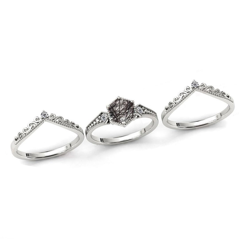 Sterling Silver 10K 14K 18K Personalized Engraved 2CT Natural Black Rutilated Quartz Engagement Ring Set