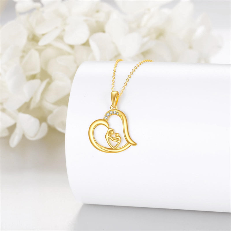 14K Gold Heart Mother Child Pendant Necklace