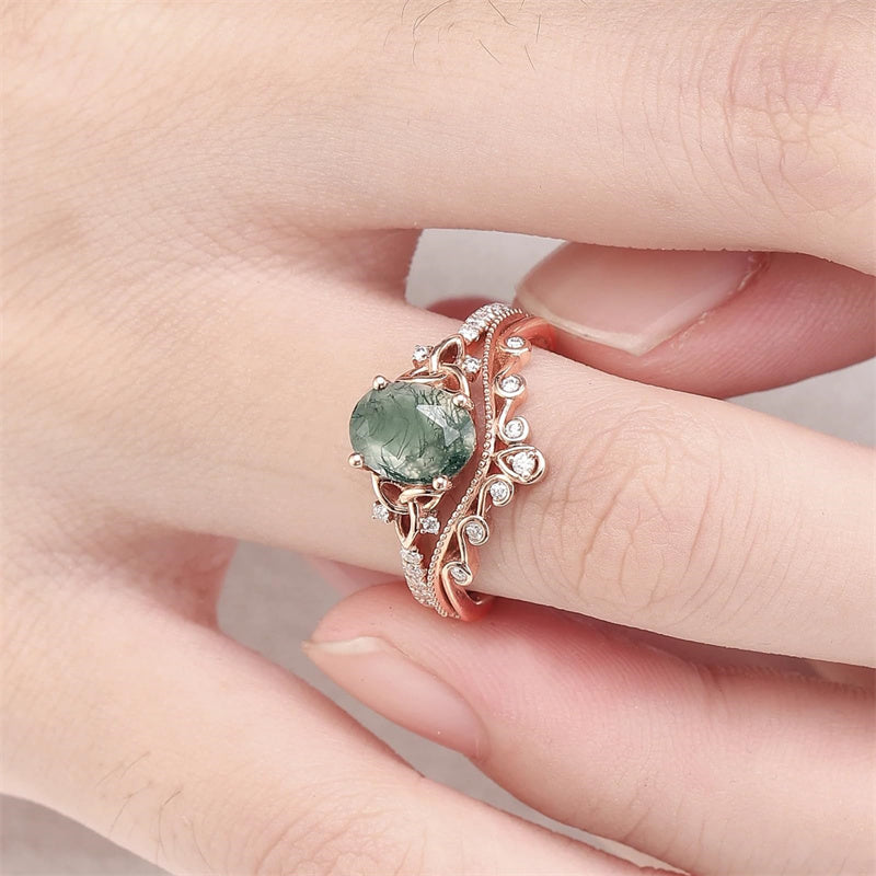 Sterling Silver 10K 14K 18K Gold  Personalized  Engraved Natural Moss Agate Engagement Bridal Wedding Ring Set