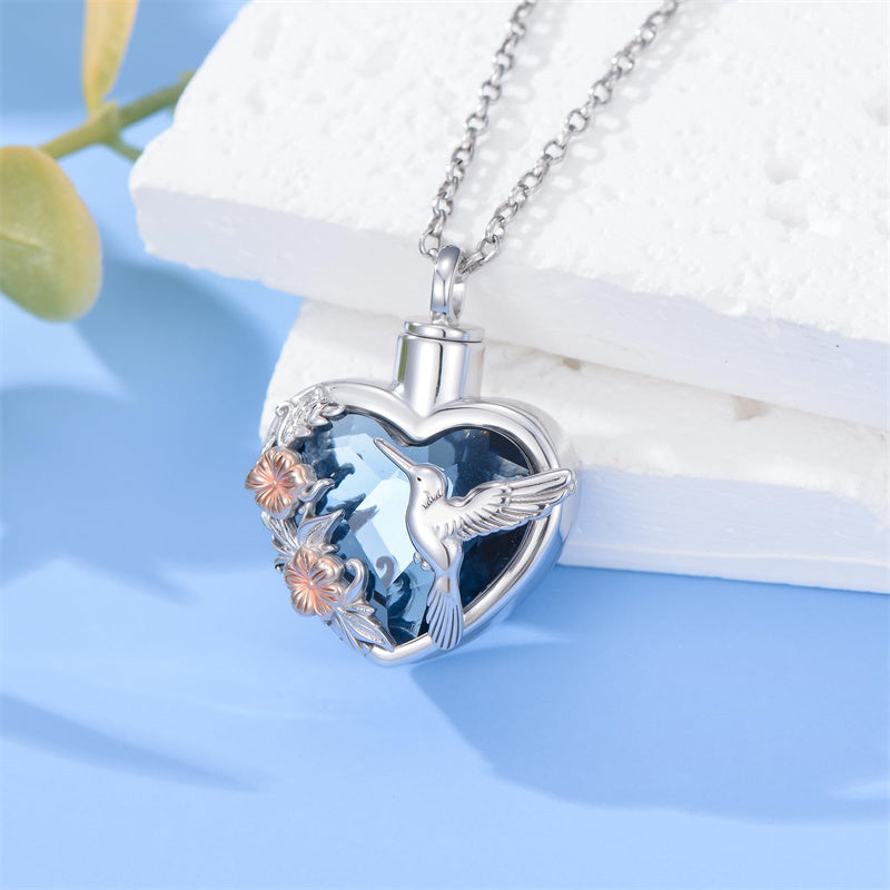 Sterling Silver Crystal Hummingbird Urn Necklace for Ashes