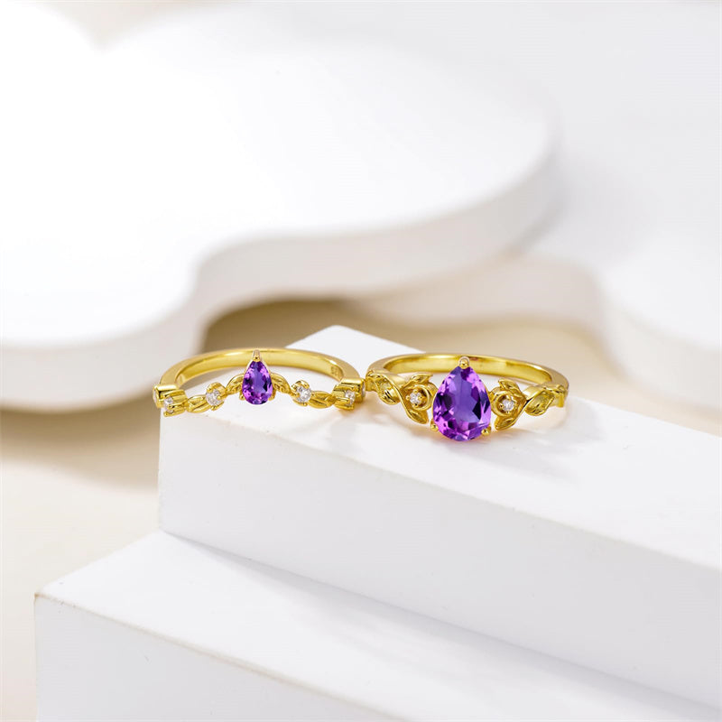 Sterling Silver 10K 14K 18K Gold Pear Cut Gemstone Leaf  Engagement Ring Set