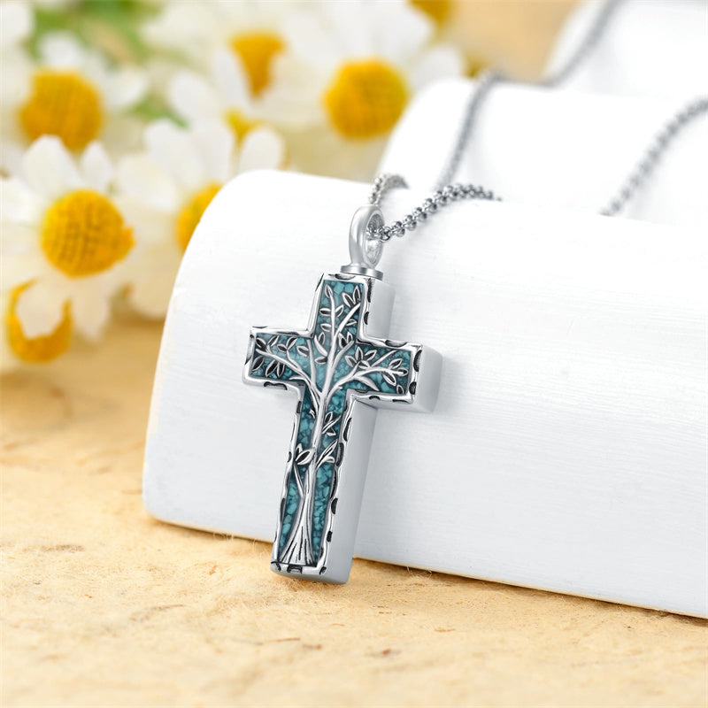 Sterling Silver 3D Bar Turquoise Tree of Life Urn Necklace for Ashes