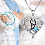 10K 14K 18K Gold Birthstone Caduceus & Stethoscope Pendant Necklace