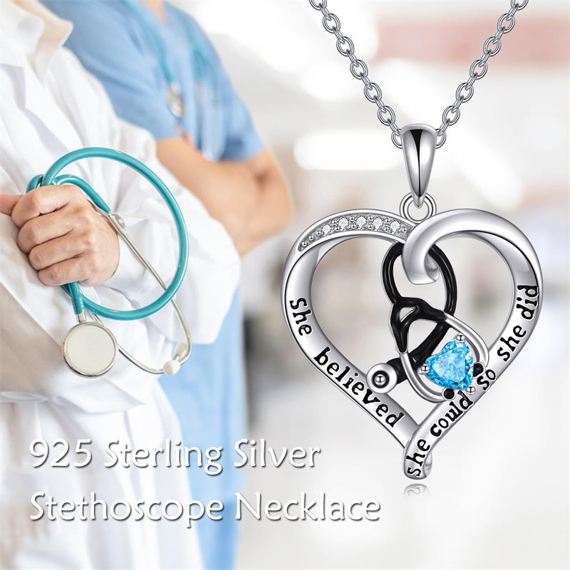 10K 14K 18K Gold Birthstone Caduceus & Stethoscope Pendant Necklace