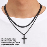 Sterling Silver Layered Cross Necklace for Men with Stainless Steel Cuban Link Rope Chain