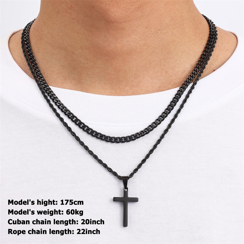 Sterling Silver Layered Cross Necklace for Men with Stainless Steel Cuban Link Rope Chain