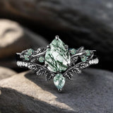 Sterling Silver Pear Natural Moss Agate Engagement Ring Set Wedding Ring