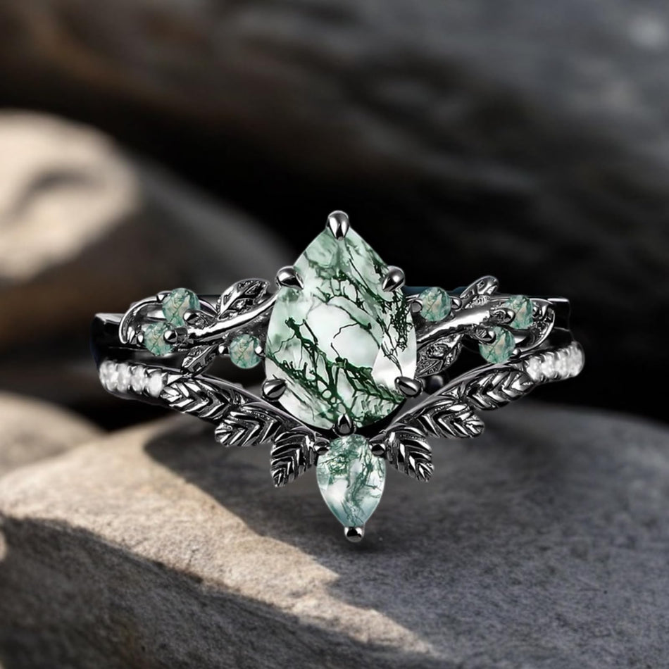 Sterling Silver Pear Natural Moss Agate Engagement Ring Set Wedding Ring