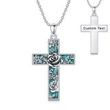 Sterling Silver Turquoise Personalized Engraved 12 Month Birth Flower Cross Pendant Necklace