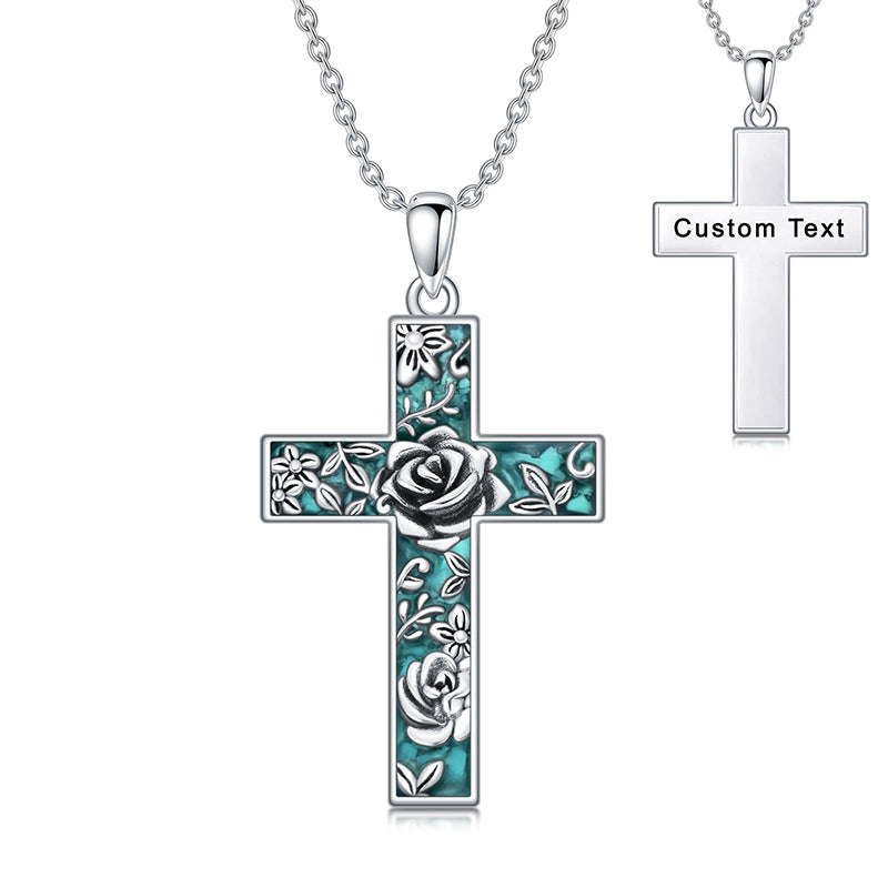 Sterling Silver Turquoise Personalized Engraved 12 Month Birth Flower Cross Pendant Necklace