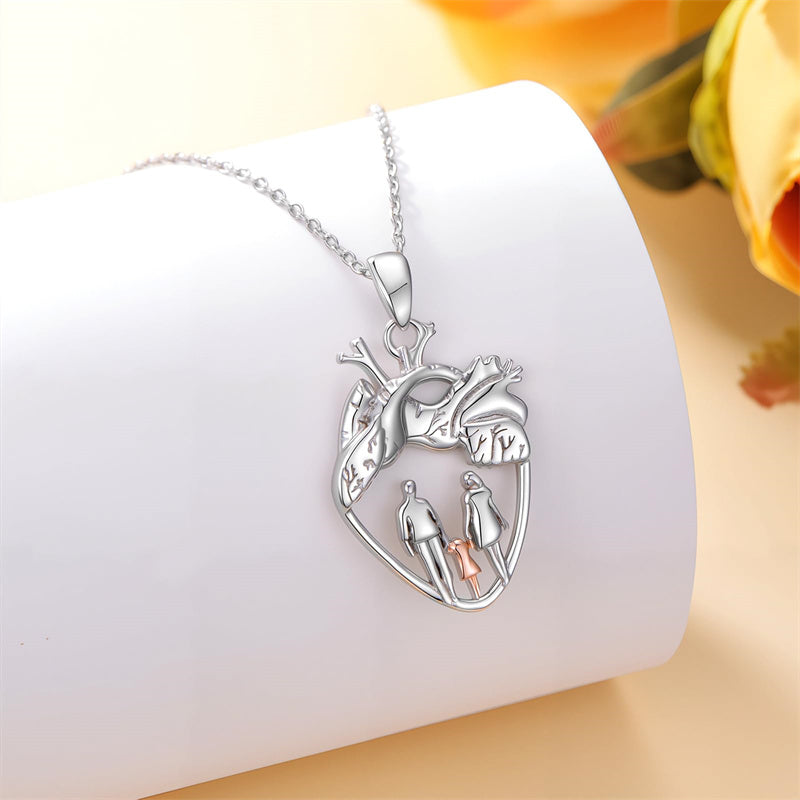 Sterling Silver Anatomical Heart Father Mother Daughter Sister Mother Daughter Pendant Necklace
