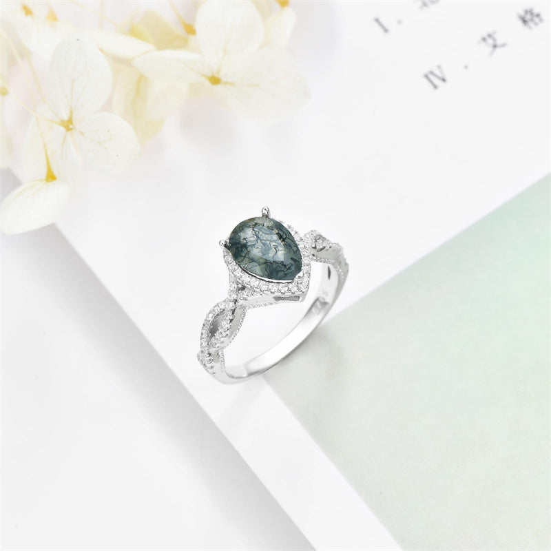 Sterling Silver Natural Moss Agate Engagement Ring