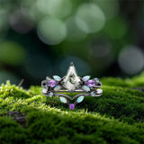 Sterling Silver 10K 14K 18K Gold  Personalized  Engraved Pear Kite Round Cut Moss Agate Engagement Ring Set