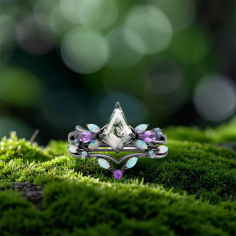 Sterling Silver 10K 14K 18K Gold  Personalized  Engraved Pear Kite Round Cut Moss Agate Engagement Ring Set