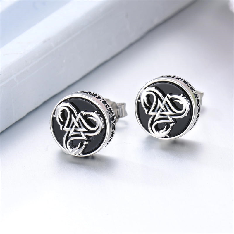 Sterling Silver Black Onyx Tree of Life Ankh Cross Skull Valknu Viking Stud Earrings