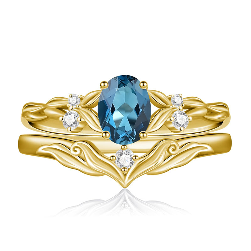 Sterling Silver 10K 14K 18K Gold  Oval Cut Unique Vine Gemstone Wedding Ring Set