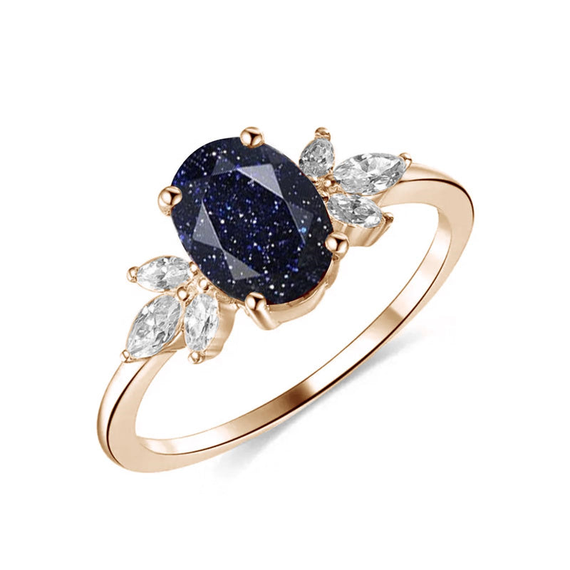 10K 14K 18K Gold Personalized Engraved Oval Cut Blue Sandstone Moissanite  Engagement Ring Wedding Ring