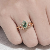 Sterling Silver 10K 14K 18K Gold  Personalized  Engraved Natural Moss Agate Engagement Bridal Wedding Ring Set