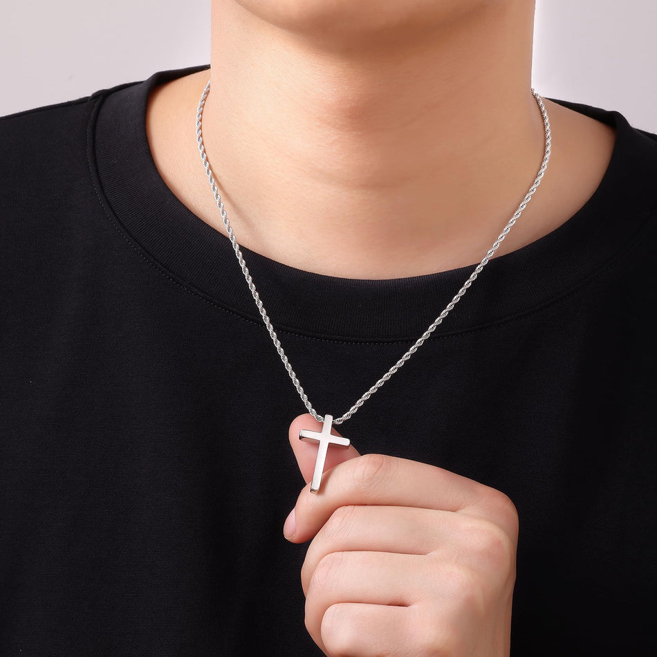 Sterling Silver Cross Pendant Necklace with Stainless Steel 2.0mm Rope Chain