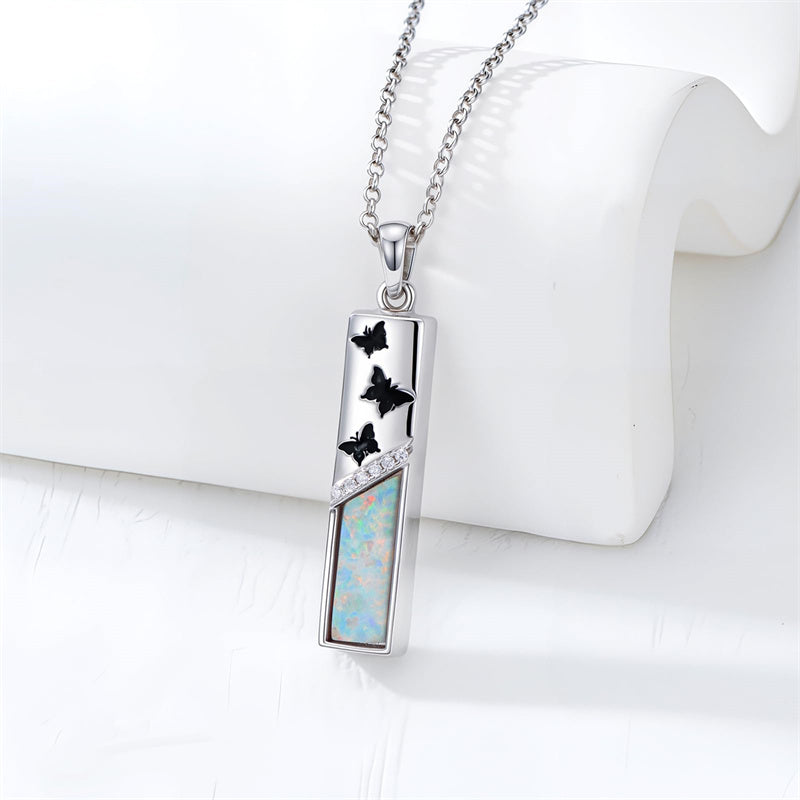 Sterling Silver  Opal Personalized Engraved Bar Pet  Butterfly Dragonfly Tree of Life  Urn Necklace for Ashes