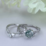 Sterling Silver Pear Kite Round Oval Cut Natural Moss Agate Leaf Engagement Wedding Promise Ring Set