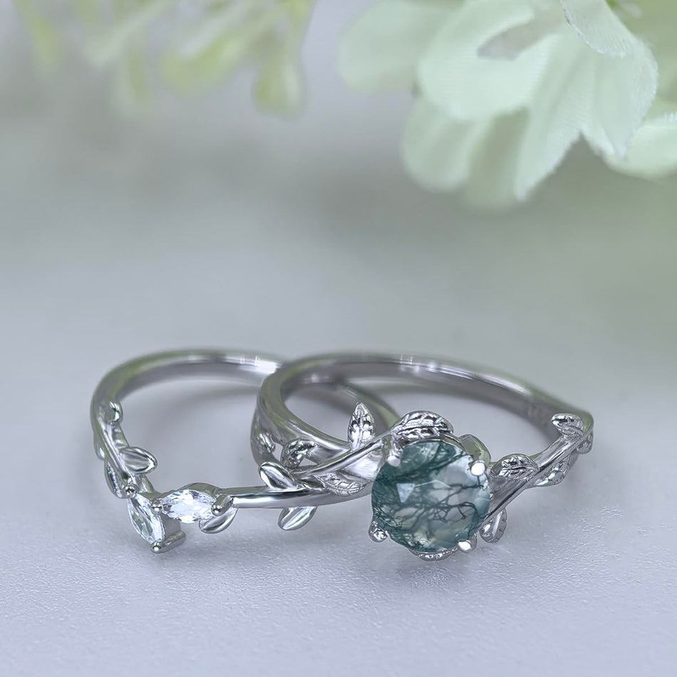 Sterling Silver Pear Kite Round Oval Cut Natural Moss Agate Leaf Engagement Wedding Promise Ring Set