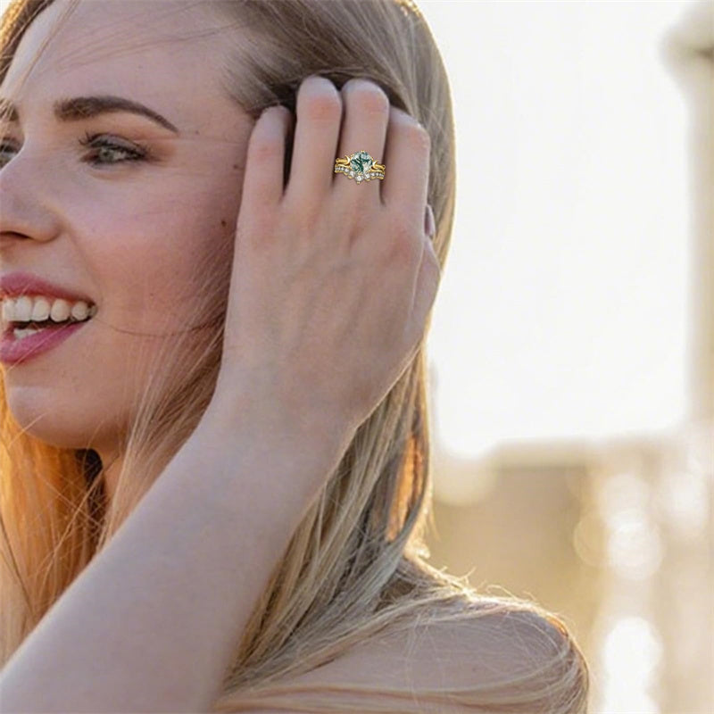 Sterling Silver Oval Round Natural Moss Agate Couples Promise Wedding Ring Set