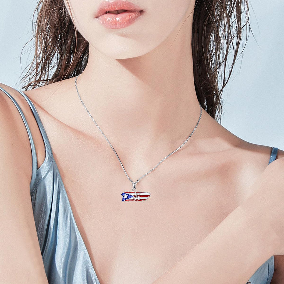 Sterling Silver Frog Puerto Rican Map Pendant Necklace