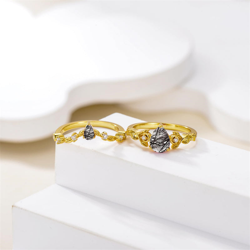 Sterling Silver 10K 14K 18K Gold Pear Cut Gemstone Leaf  Engagement Ring Set