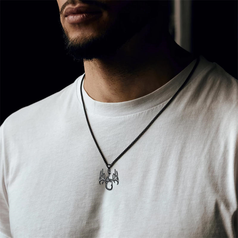 Sterling Silver Fish Hook& Antler Duck Pendant Necklace for Men