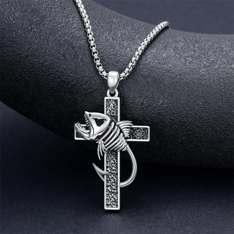 Sterling Silver Shark Fish Hook Triple Moon Cross Pendant Necklace