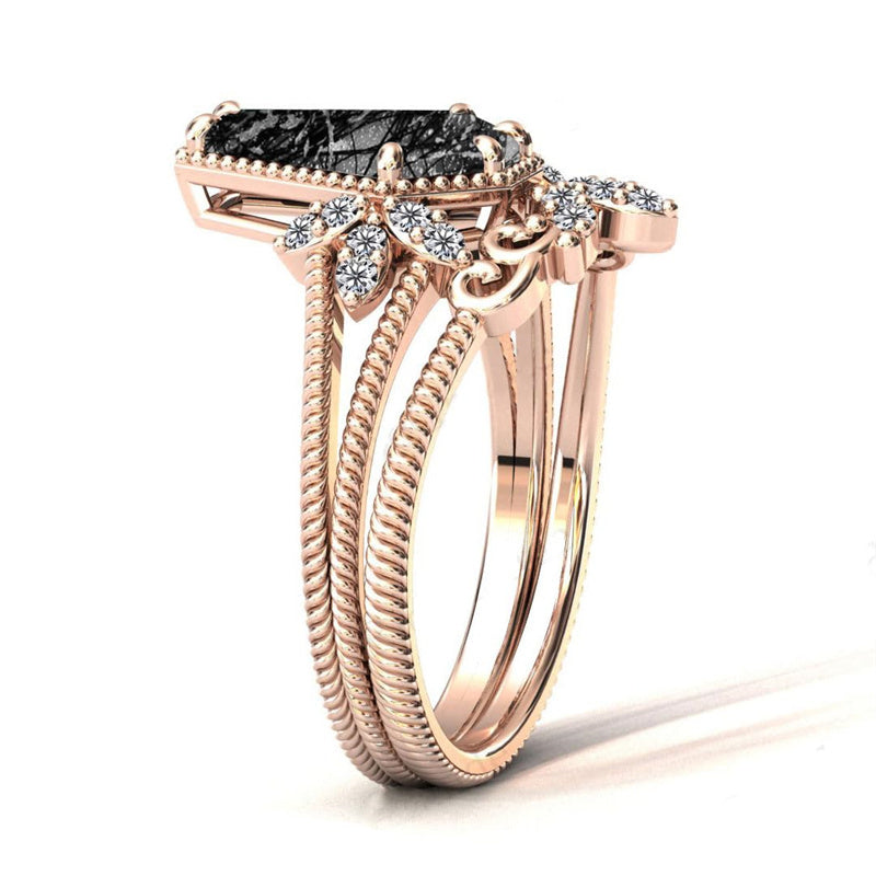 Sterling Silver 10K 14K 18K Personalized Engraved 2CT Natural Black Rutilated Quartz Engagement Ring Set