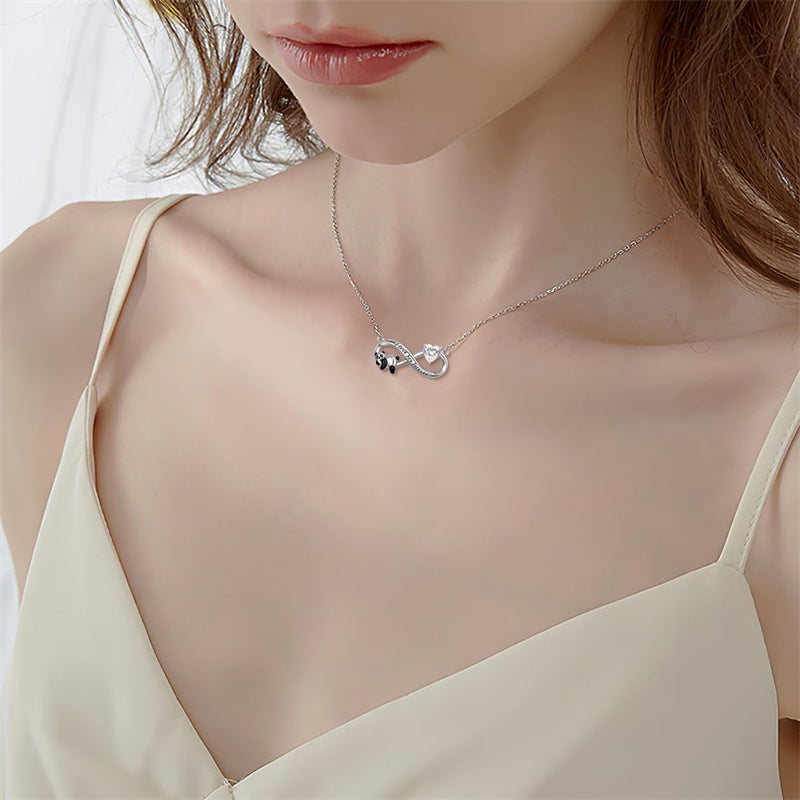 Sterling Silver Birthstone Infinity Panda Pendant Necklace Engraved with I Love Forever