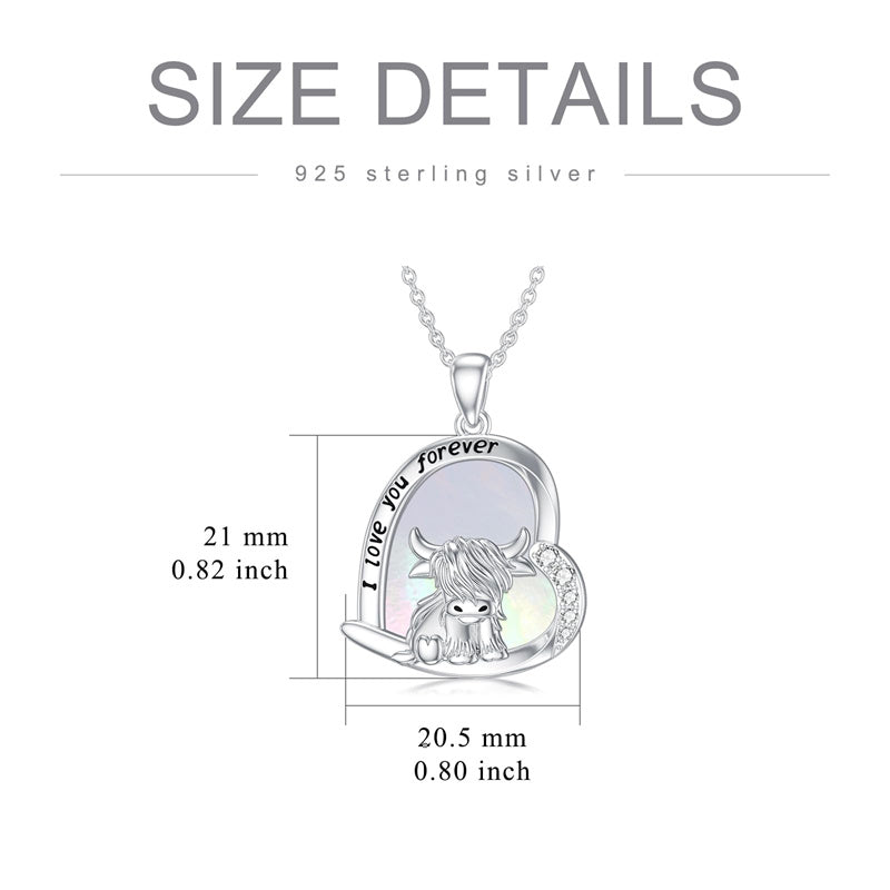 Sterling Silver White Shell Malachite Blue Opal  Abalone Shell Pink Opal Highland Cow Pendant Necklace