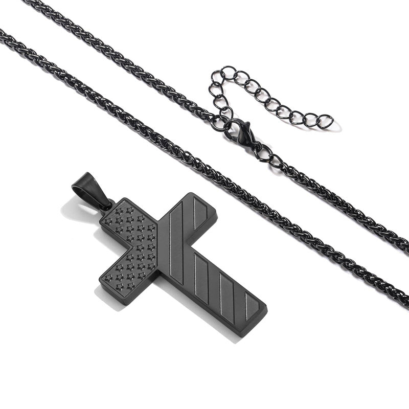 Stainless Steel Personalized Engraved American Flag Cross Pendant Necklace