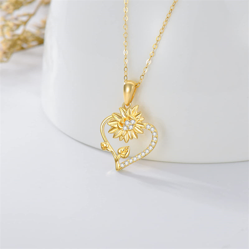14K Gold Sunflower Heart Pendant Necklace