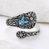 Sterling Silver Personalized Engraved Sunflower Bee Butterfly Adjustable Spoon Ring