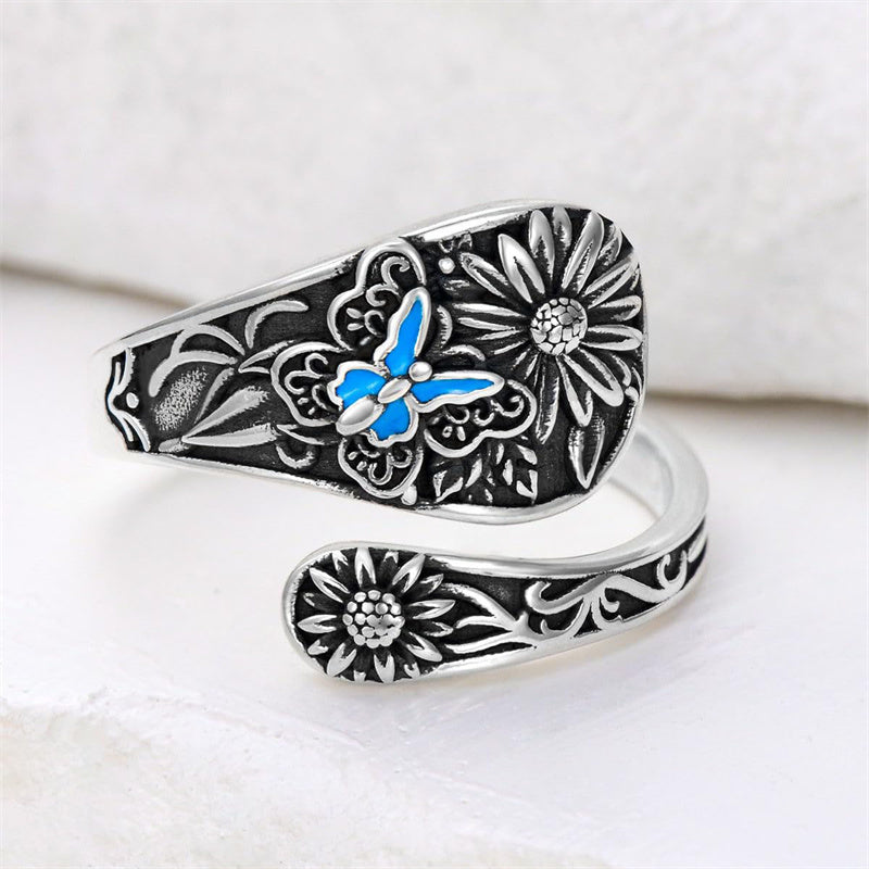 Sterling Silver Personalized Engraved Sunflower Bee Butterfly Adjustable Spoon Ring