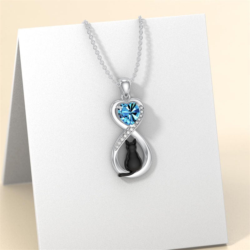 Sterling Silver Birthstone Infinity Black Cat Pendant  Necklace