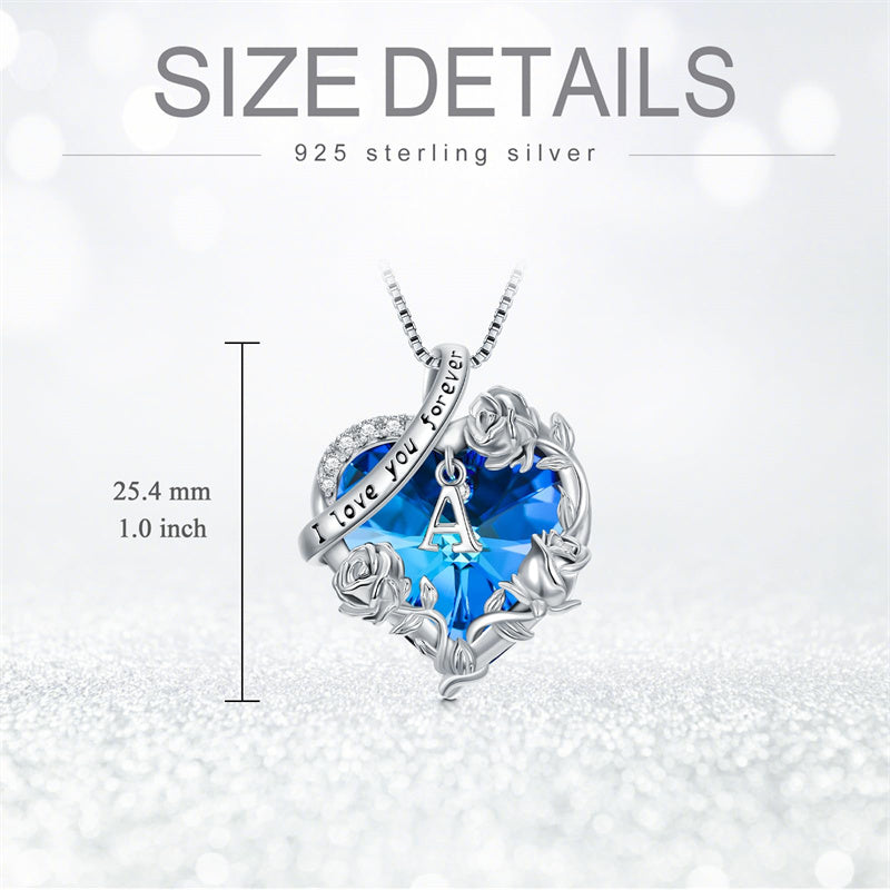 Sterling Silver  Blue Heart Crystal Initial A-Z Letter Rose Pendant Necklace Engraved with  I Love You Forever