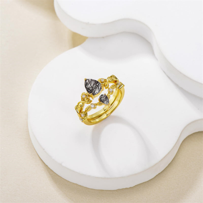 Sterling Silver 10K 14K 18K Gold Pear Cut Gemstone Leaf  Engagement Ring Set