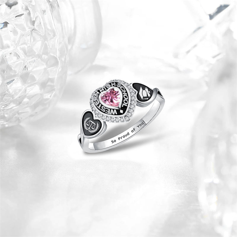Sterling Silver Personalized Pattern Engraved Birthstone Class Ring for Women