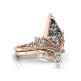 Sterling Silver 10K 14K 18K Personalized Engraved 2CT Natural Black Rutilated Quartz Engagement Ring Set