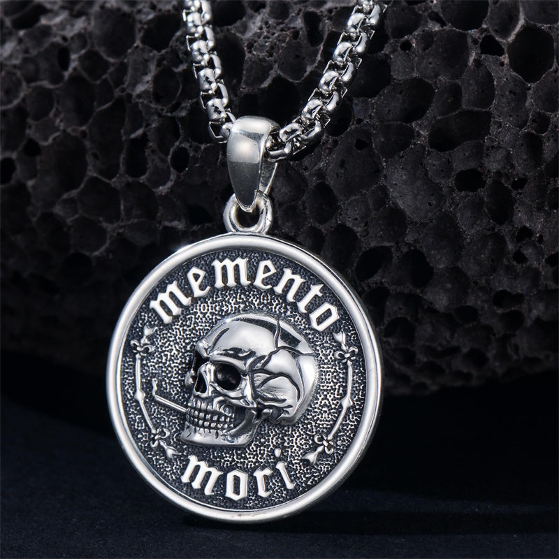 Sterling Silver Gothic Skull Memento Mori Pendant Necklace with Engraved Word